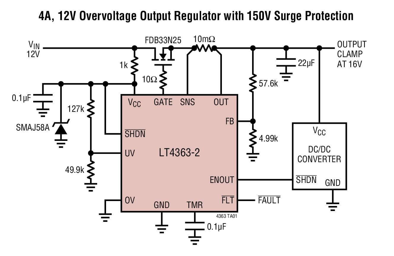 Typical Application for LT4363 High Voltage Surge Stopper with Current Limit