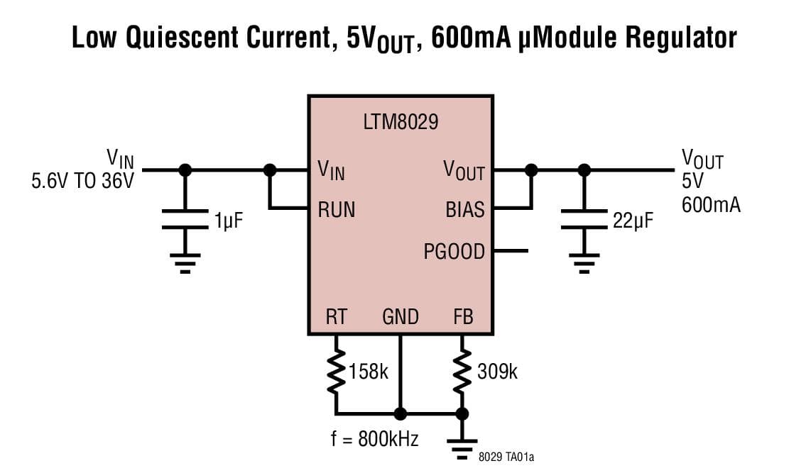 Typical Application for LTM8029 - 36VIN, 600mA Step-Down module Converter with 5 uA Quiescent Current