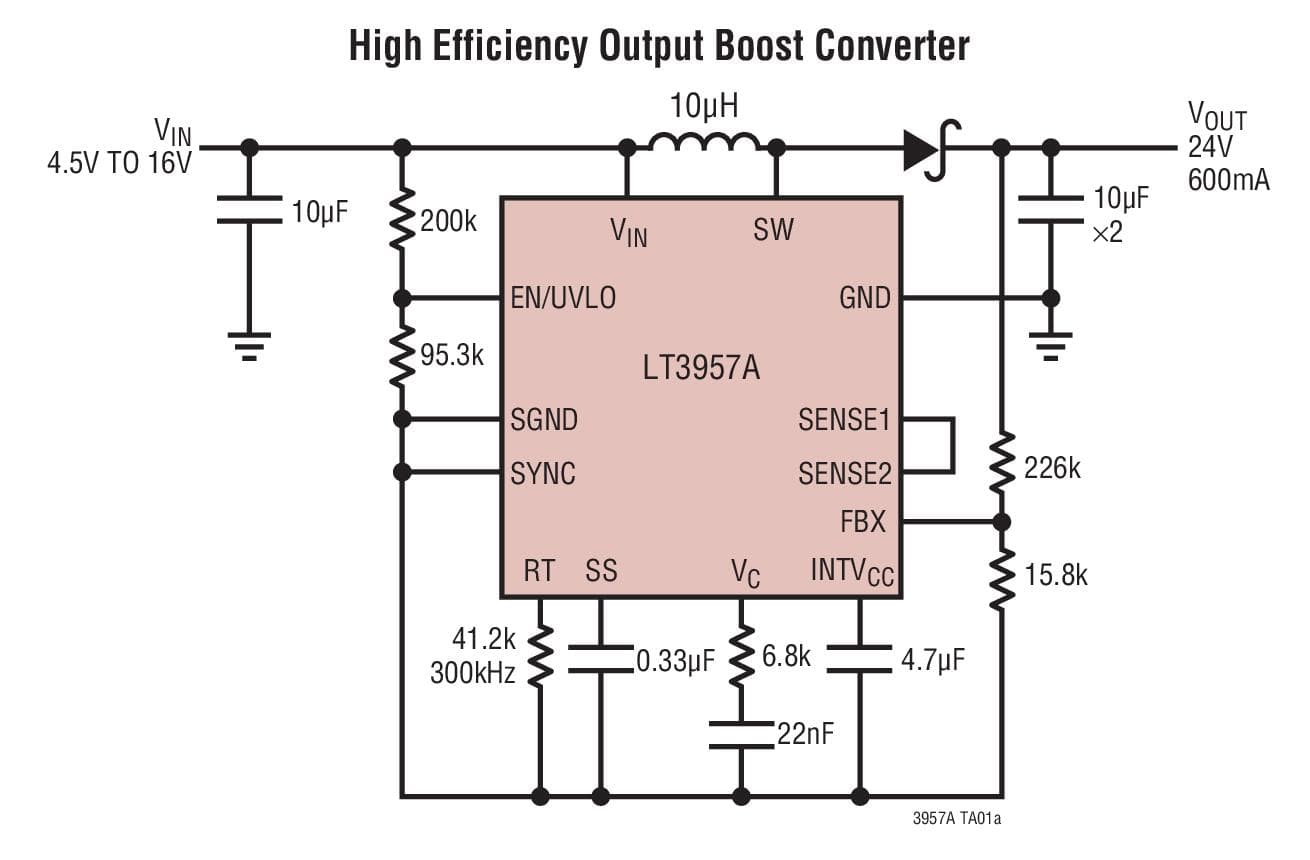 Typical Application for LT3957A - Boost, Flyback, SEPIC and Inverting Converter with 5A, 40V Switch