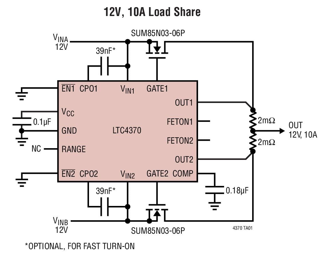 Typical Application for LTC4370 - Two-Supply Diode-OR Current Balancing Controller