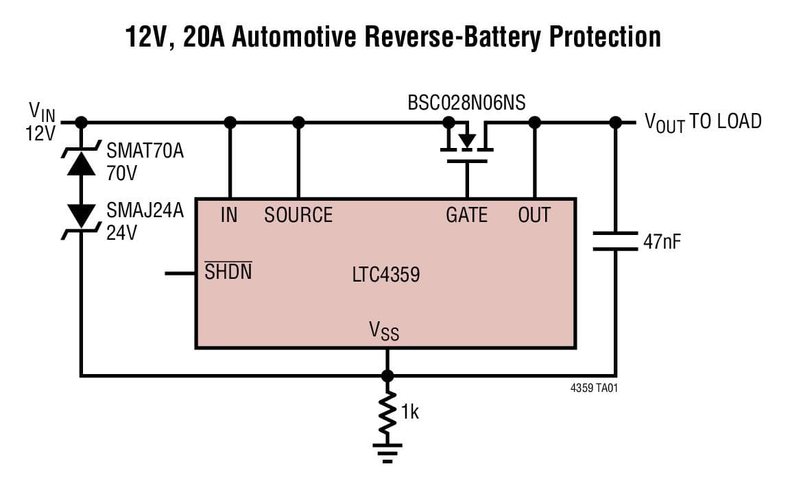 Typical Application for LTC4359 - Ideal Diode Controller with Reverse Input Protection