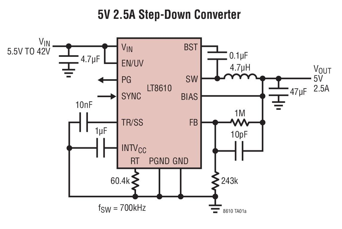 Typical Application for LT8610 - 42V, 2.5A Synchronous Step-Down Regulator with 2.5 uA Quiescent Current