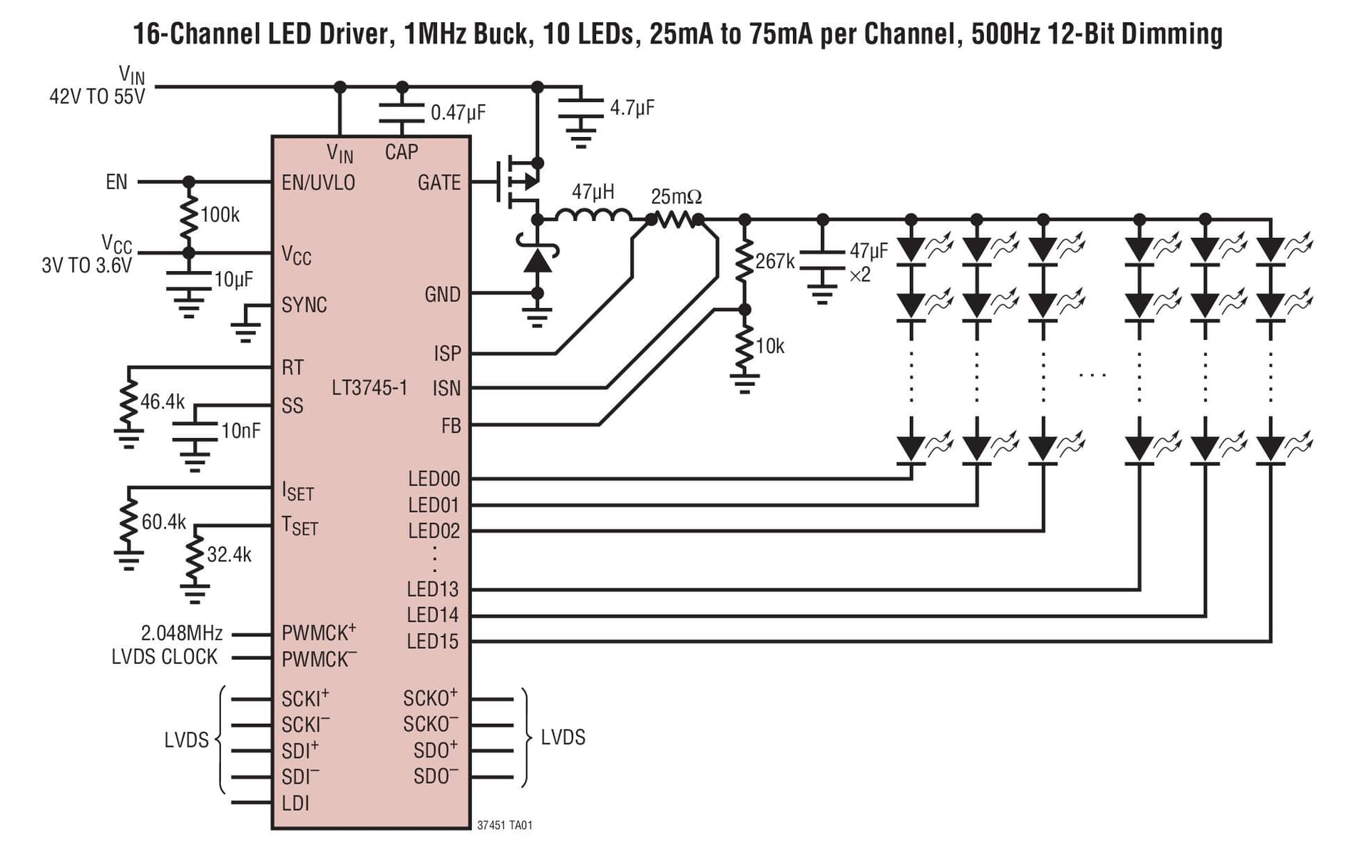 Typical Application for LT3745-1 16-Channel 50mA LED Driver with Buck Controller