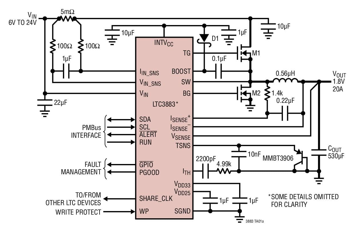 Typical Application for LTC3883/LTC3883-1- Single Phase Step-Down DC/DC Controller with Digital Power System Management