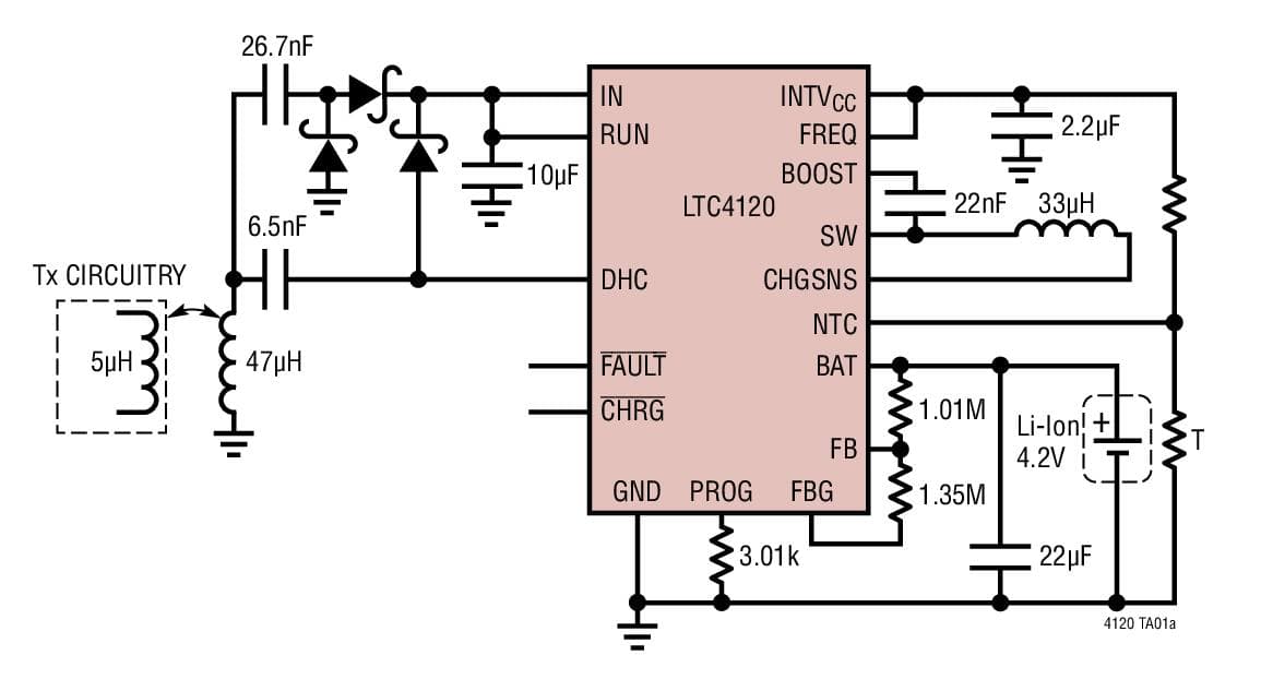 Typical Application for LTC4120/LTC4120-4.2 - Wireless Power Receiver and 400mA Buck Battery Charger