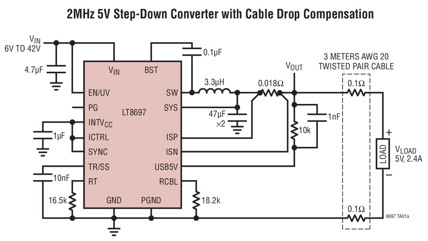 Typical Application for LT8697 - USB 5V 2.5A Output, 42V Input Synchronous Buck with Cable Drop Compensation