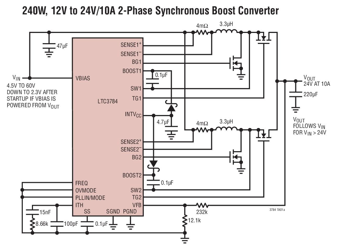 Typical Application for LTC3784 - 60V PolyPhase Synchronous Boost Controller