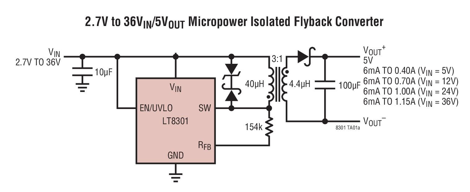 Typical Application for LT8301 - 42VIN Micro-power No-Opto-Isolated Flyback Converter with 65V/1.2A Switch