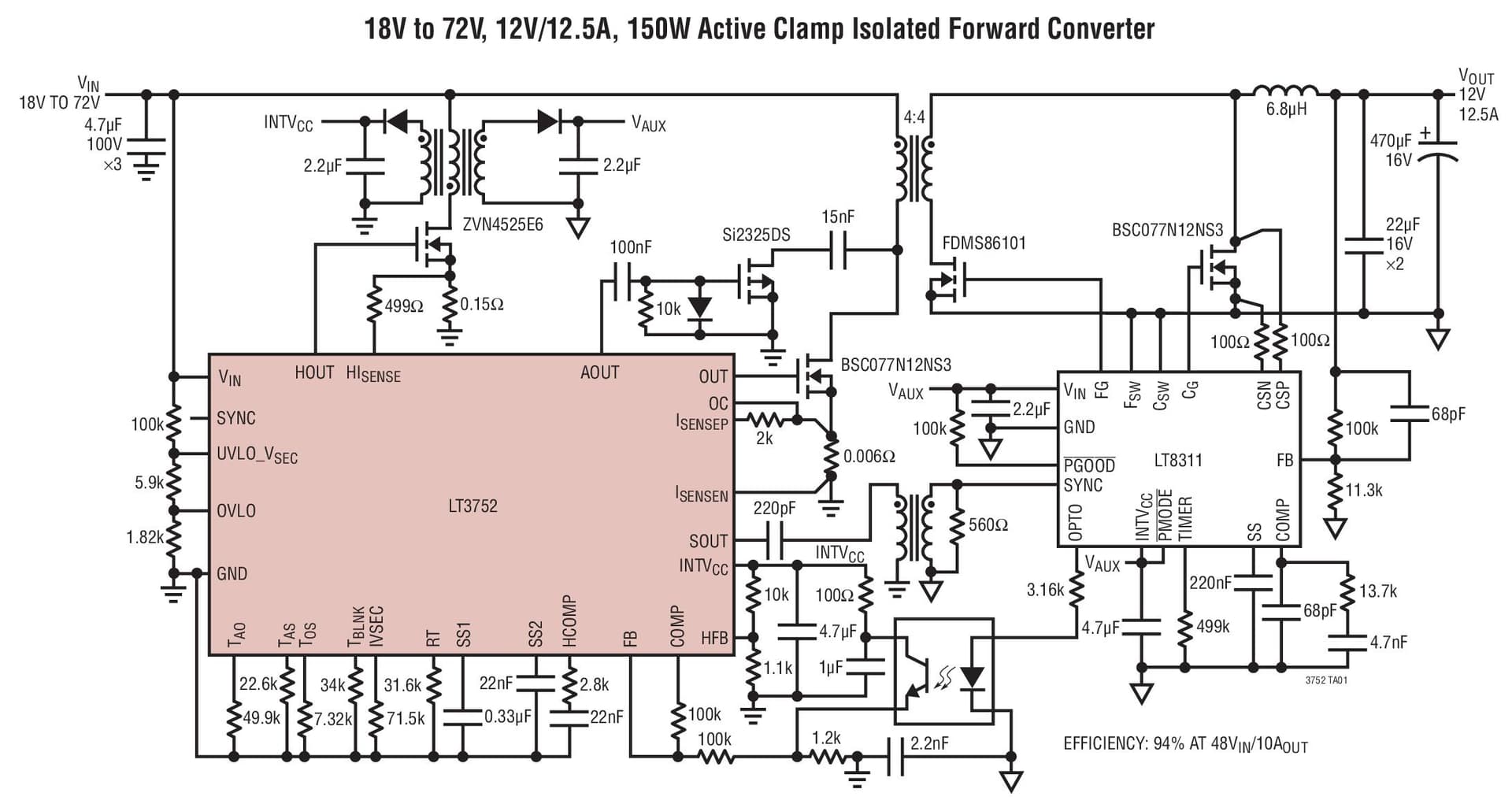 Typical Application for LT3752/LT3752-1 - Active Clamp Synchronous forward Controllers with Internal Housekeeping Controller