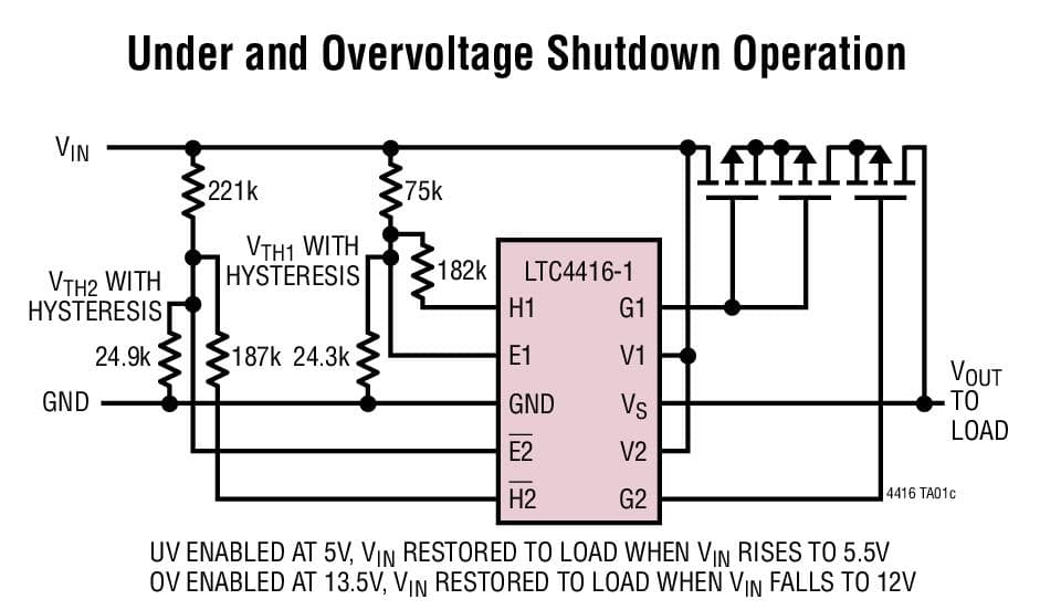 Typical Application for LTC4416/LTC4416-1 - 36V, Low Loss Dual PowerPath Controllers for Large PFETs