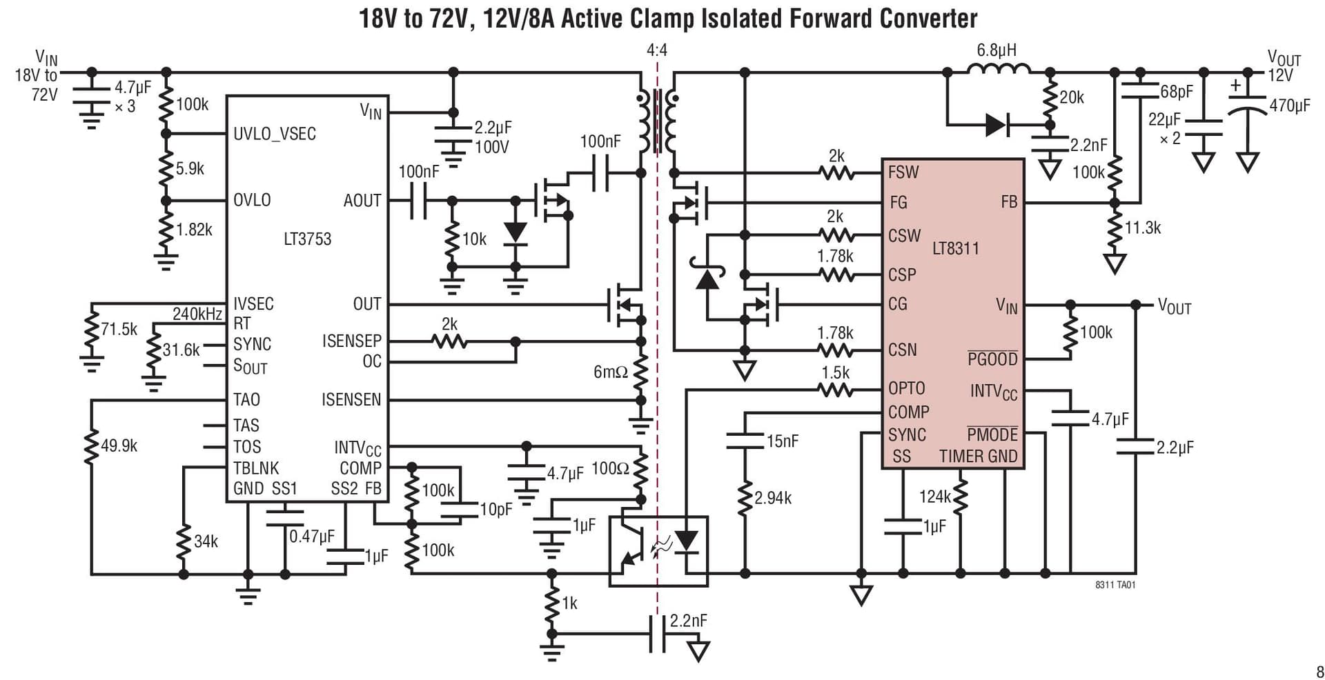 Typical Application for LT8311 - Synchronous Rectifier Controller with Optocoupler Driver forward Converters