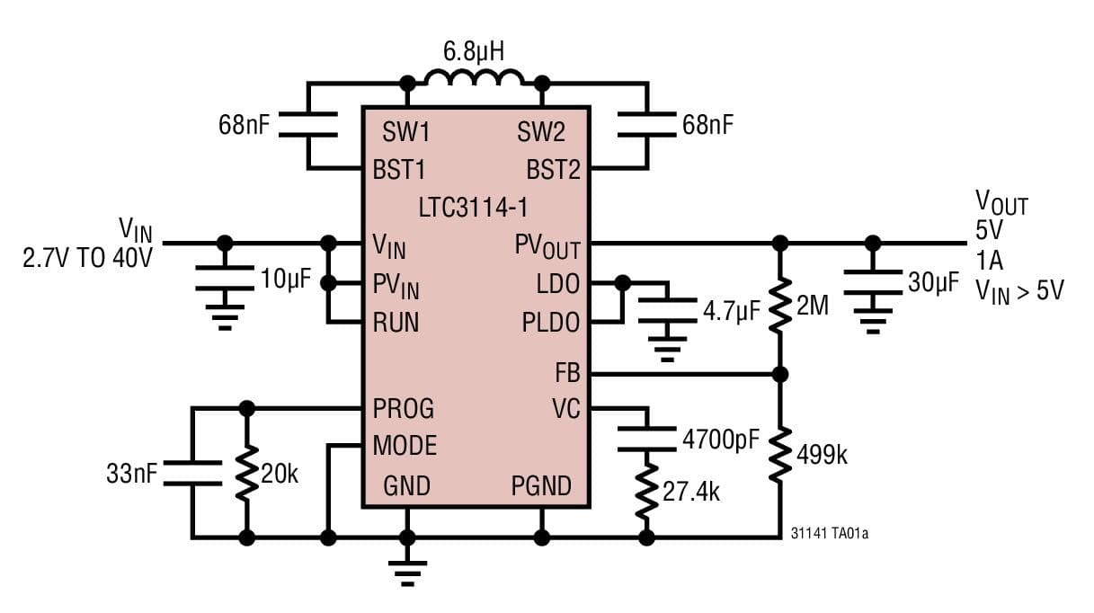 Typical Application for LTC3114-1 - 40V, 1A Synchronous Buck-Boost DC/DC Converter with Programmable Output Current