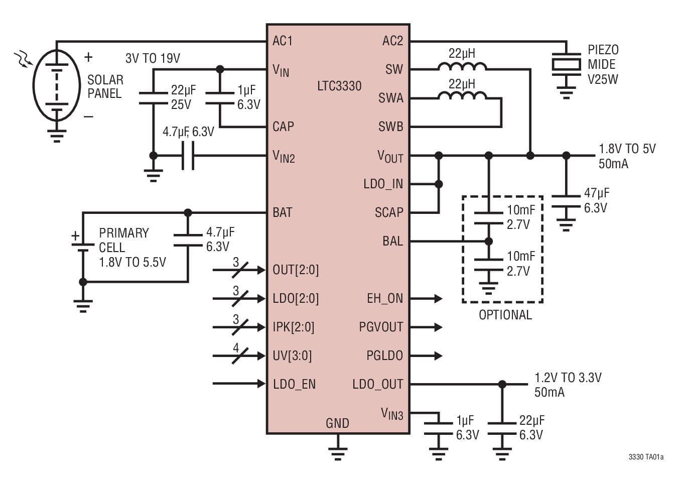 Typical Application for LTC3330 - Nano power Buck-Boost DC/DC with Energy Harvesting Battery Life Extender