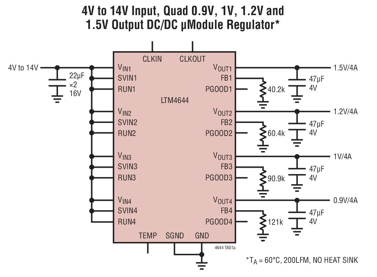 Typical Application for LTM4644 - Quad DC/DC module Regulator with Configurable 4A Output Array