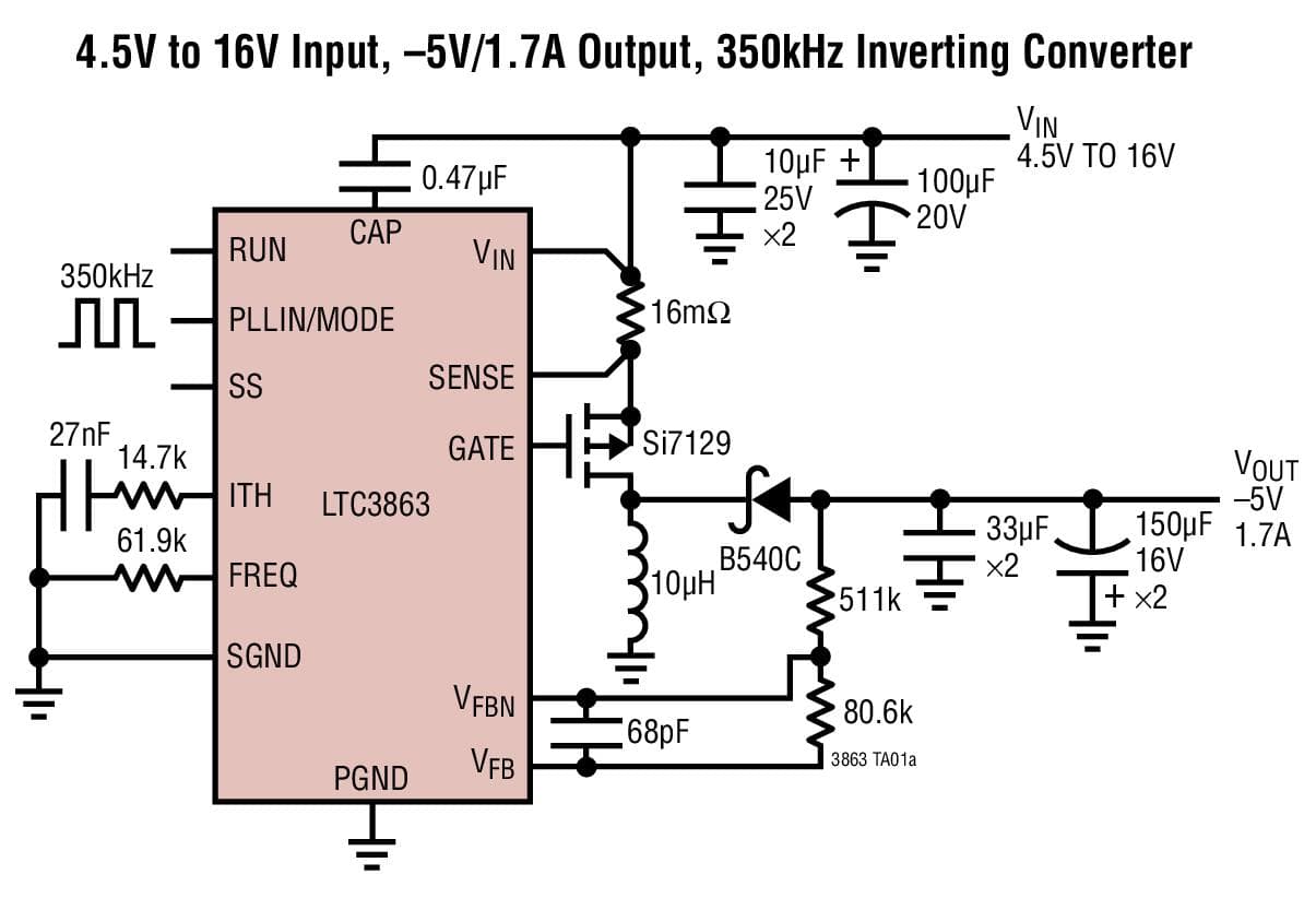 Typical Application for LTC3863 - 60V Low IQ Inverting DC/DC Controller