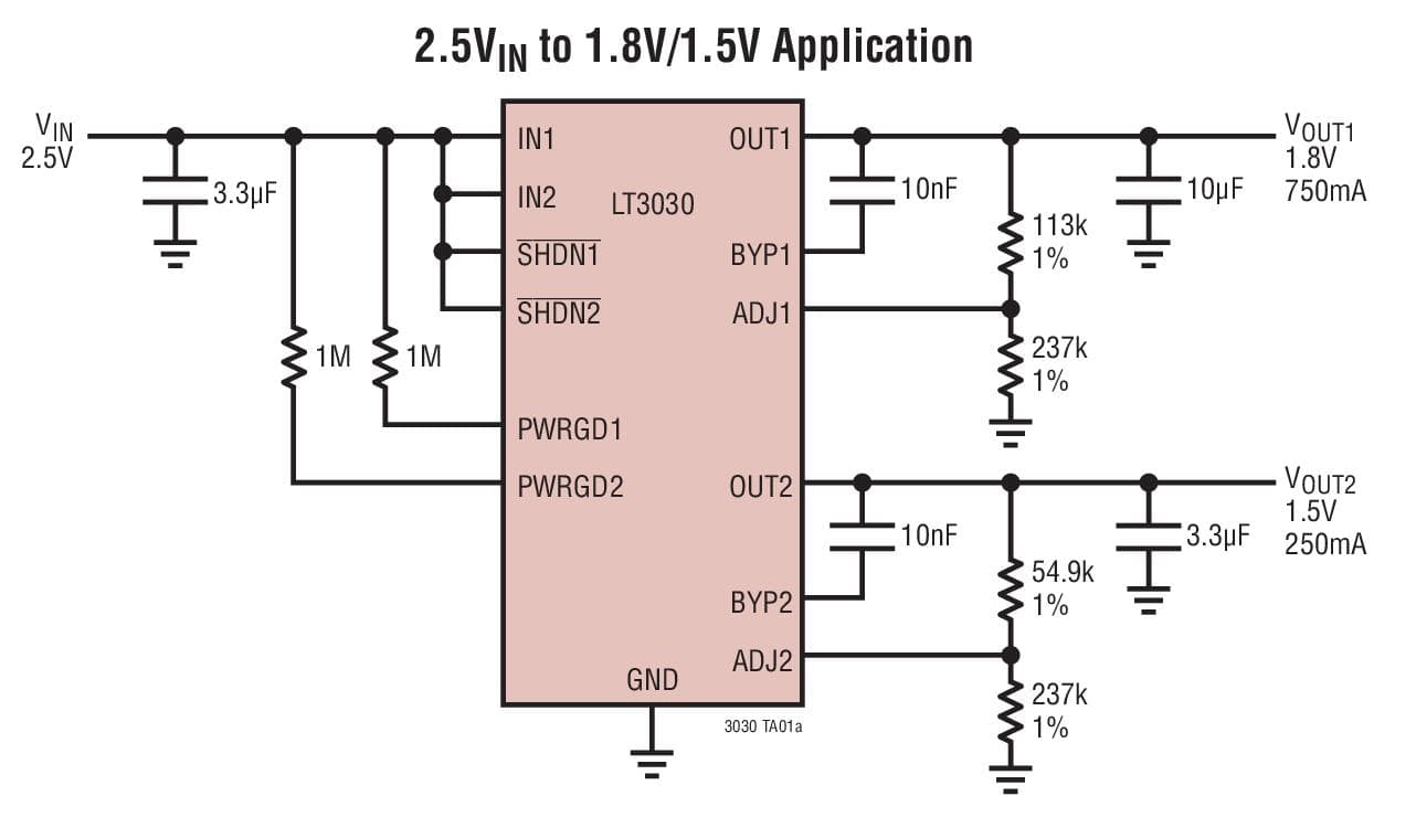 Typical Application for LT3030 - Dual 750mA/250mA Low Dropout, Low Noise, Micro-power Linear Regulator