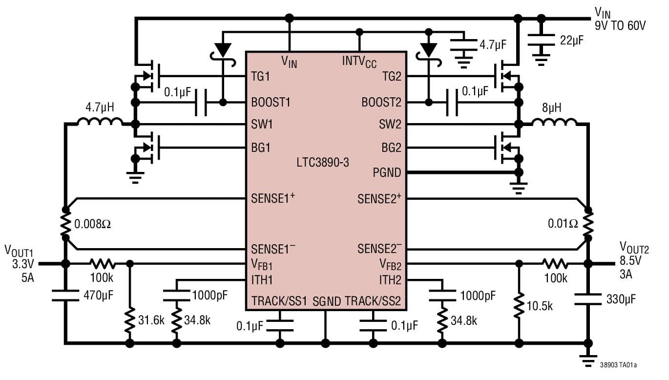 Typical Application for LTC3890-3 - 60V Low IQ, Dual, 2-Phase Synchronous Step-Down DC/DC Controller