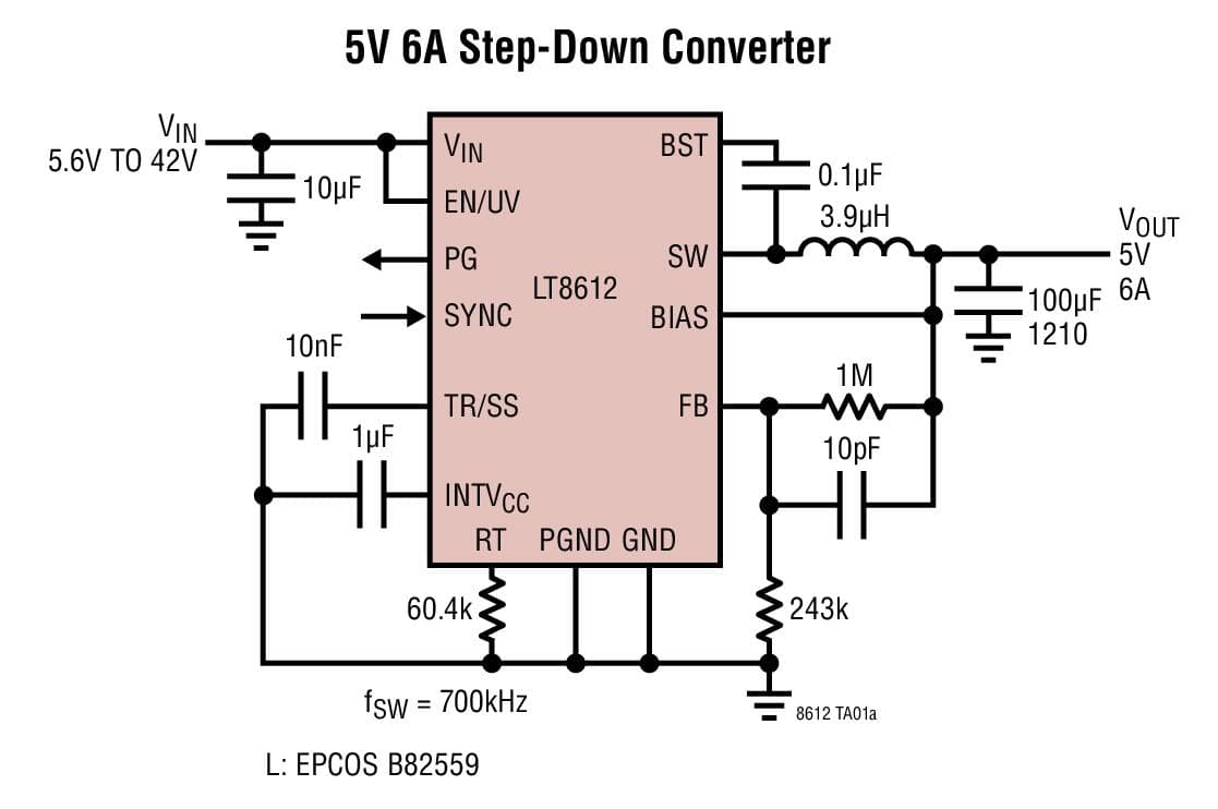 Typical Application for LT8612 - 42V, 6A Synchronous Step-Down Regulator with 3 uA Quiescent Current