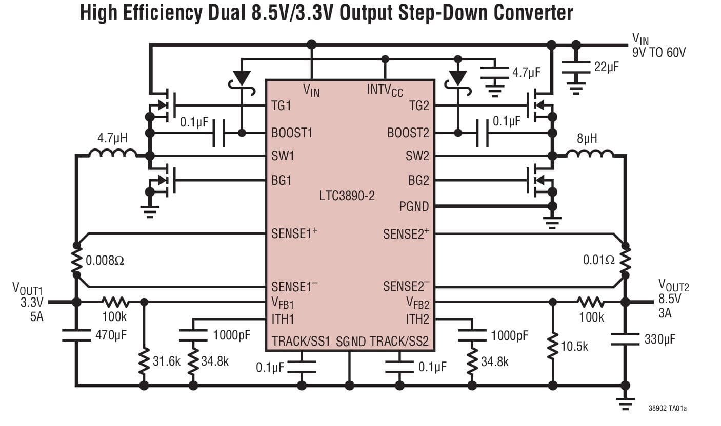 Typical Application for LTC3890-2 - 60V Low IQ, Dual, 2-Phase Synchronous Step-Down DC/DC Controller