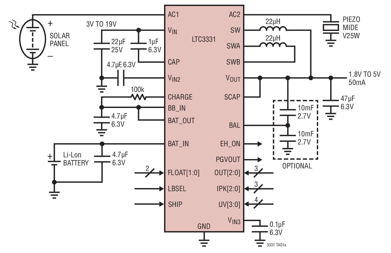 Typical Application for LTC3331 - Nano power Buck-Boost DC/DC with Energy Harvesting Battery Charger