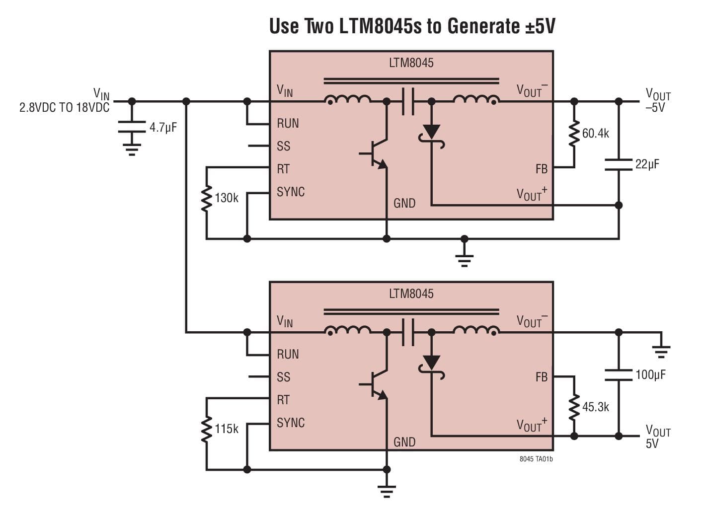 Typical Application for LTM8045 - Inverting or SEPIC module DC/DC Converter with Up to 700mA Output Current