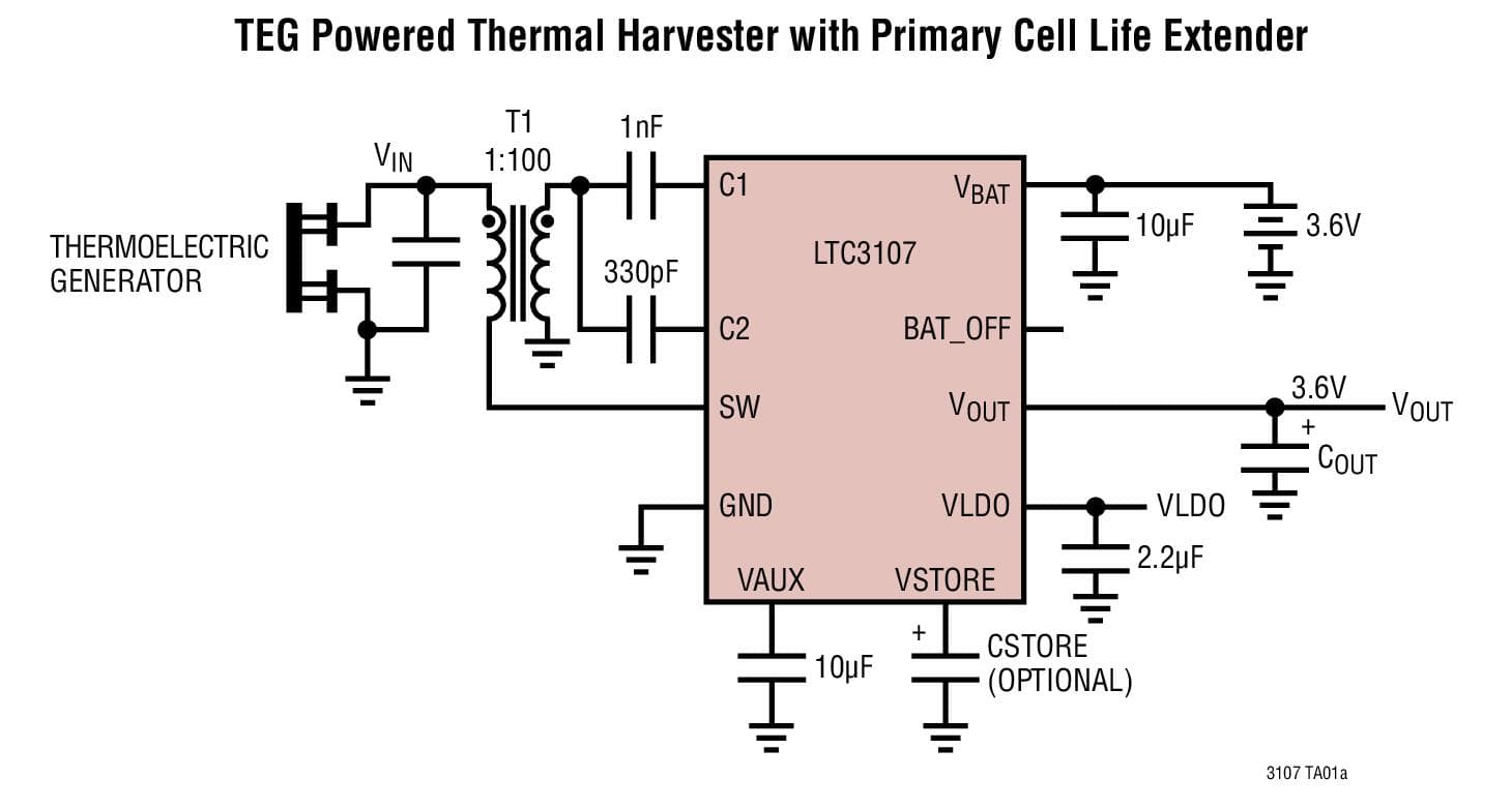 Typical Application for LTC3107 - Ultra-Low Voltage Energy Harvester and Primary Battery Life Extender