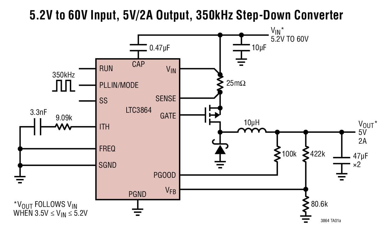 Typical Application for LTC3864 - 60V Low IQ Step-Down DC/DC Controller with 100% Duty Cycle Capability