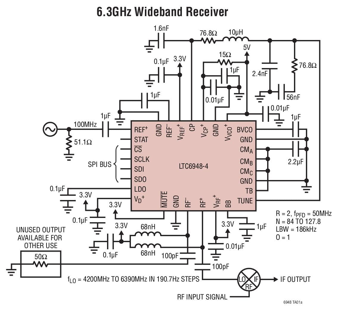 Typical Application for LTC6948 - Ultra Low Noise 0.37GHz to 6.39GHz Fractional-N Synthesizer with Integrated VCO