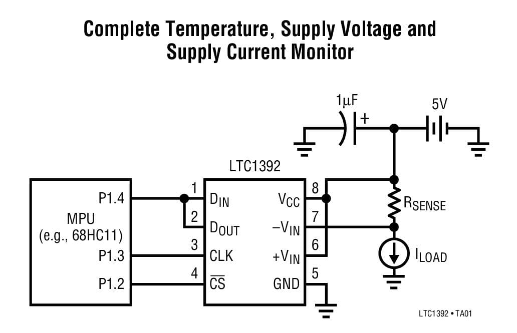 Typical Application for LTC1392 - Micro power Temperature, Power Supply and Differential Voltage Monitor