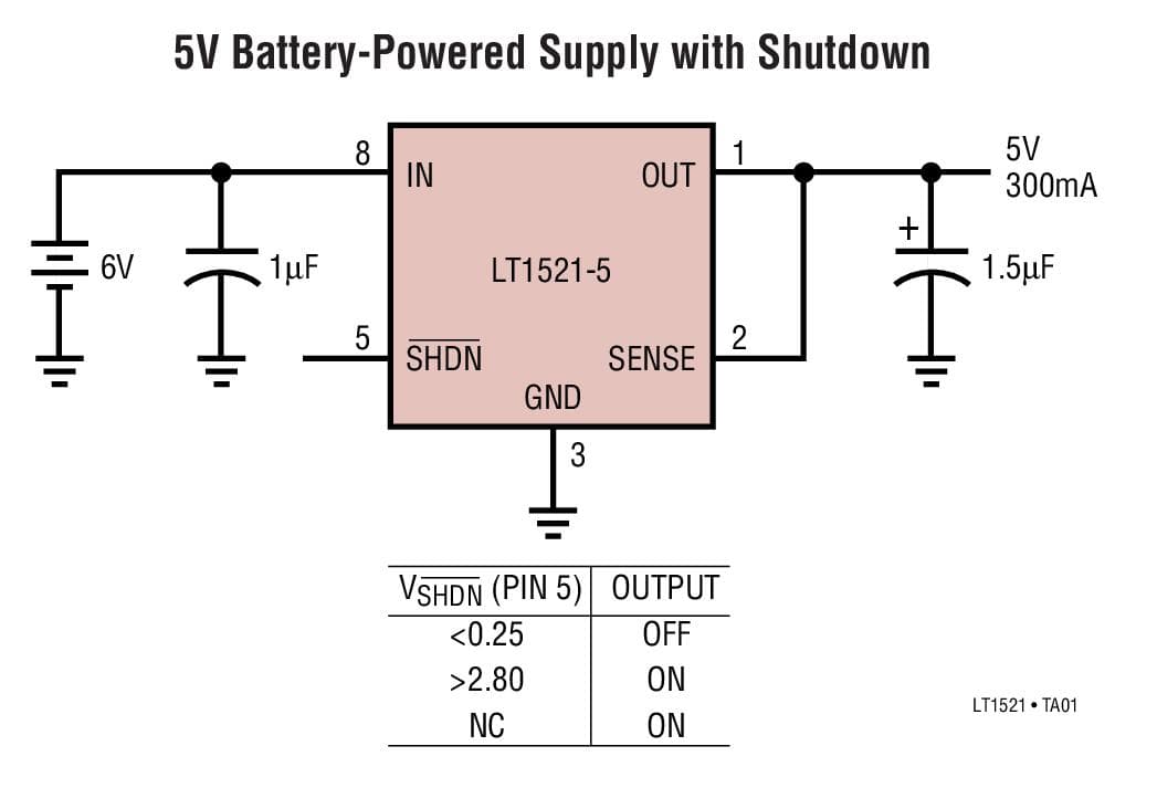 Typical Application for LT1521 - 300mA Low Dropout Regulators with Micro-power Quiescent Current and shut-down