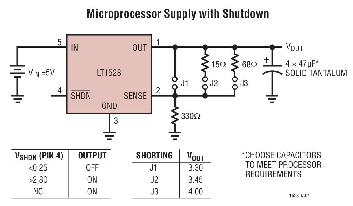 Typical Application for LT1528 - 3A Low Dropout Regulator for Microprocessor Applications