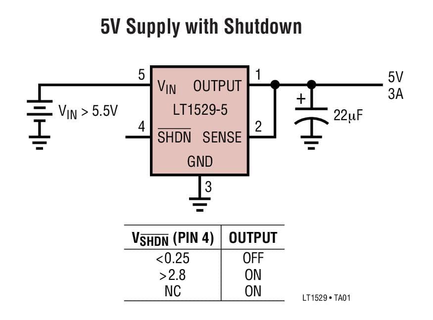 Typical Application for LT1529 - 3A Low Dropout Regulators with Micro-power Quiescent Current and shut-down