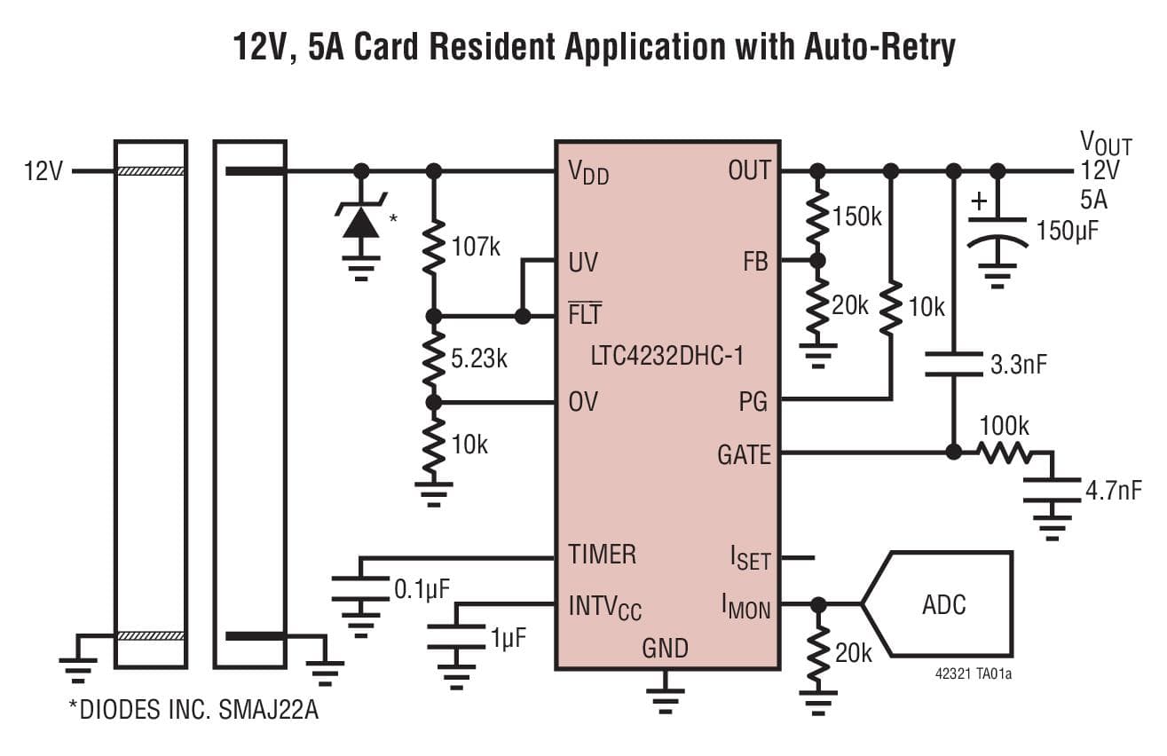 Typical Application for LTC4232-1 5A Integrated Hot-Swap Controller