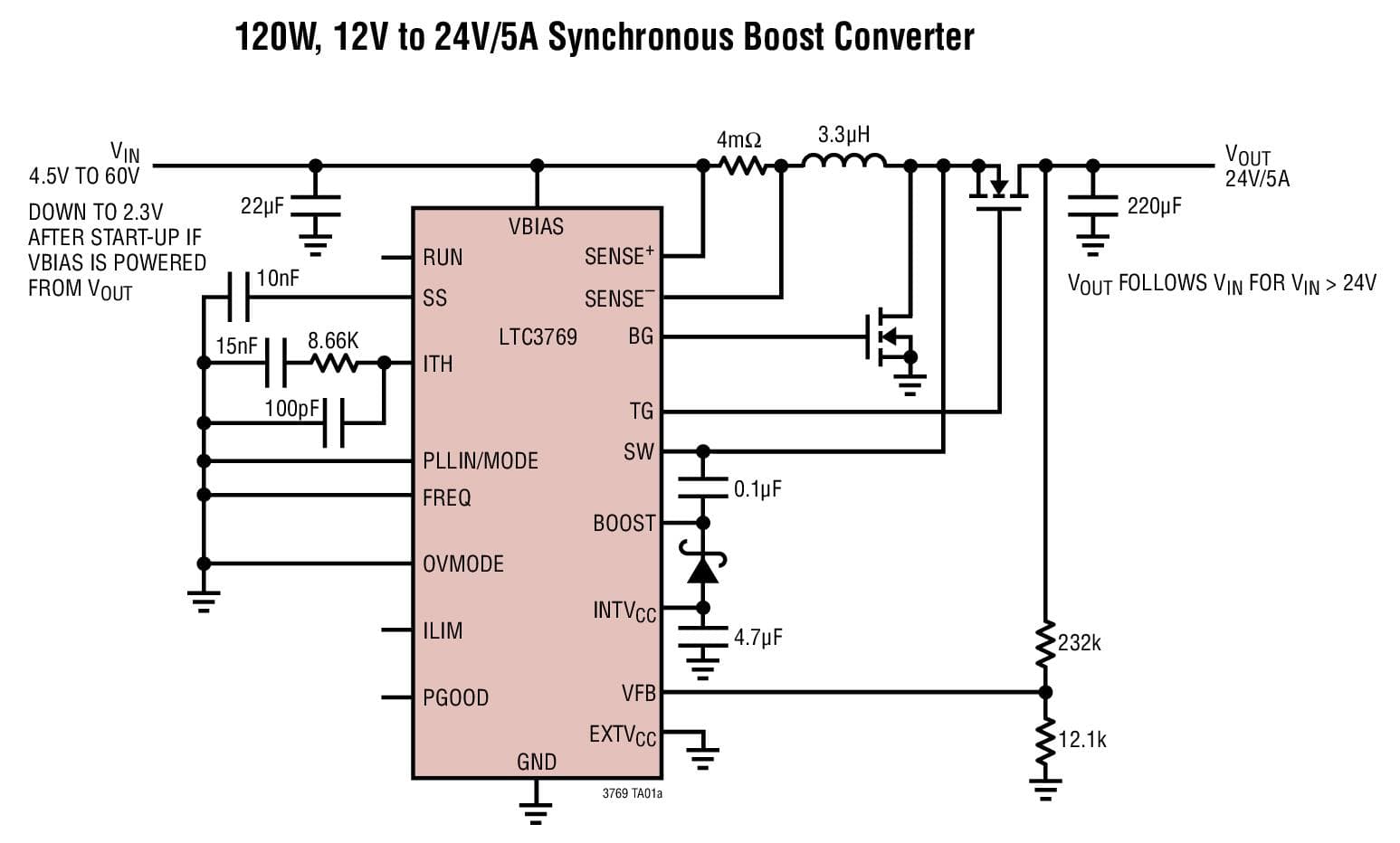 Typical Application for LTC3769 - 60V Low IQ Synchronous Boost Controller