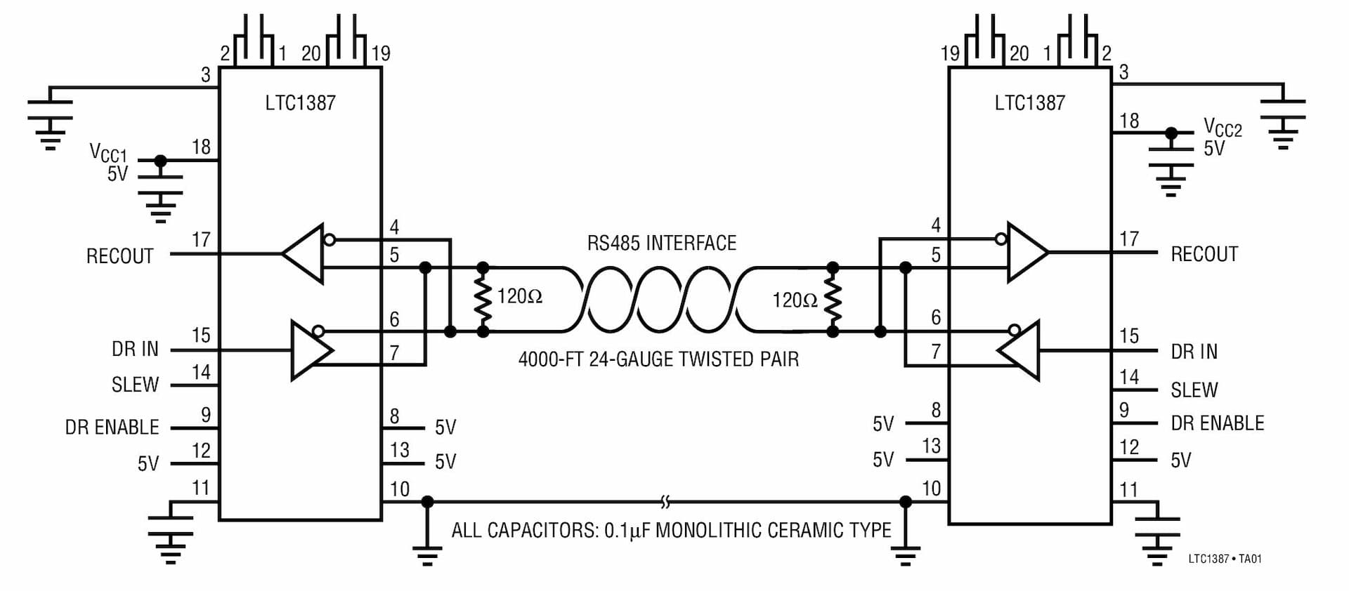 Typical Application for LTC1387 Single 5V RS232/RS485 Multiprotocol Transceiver