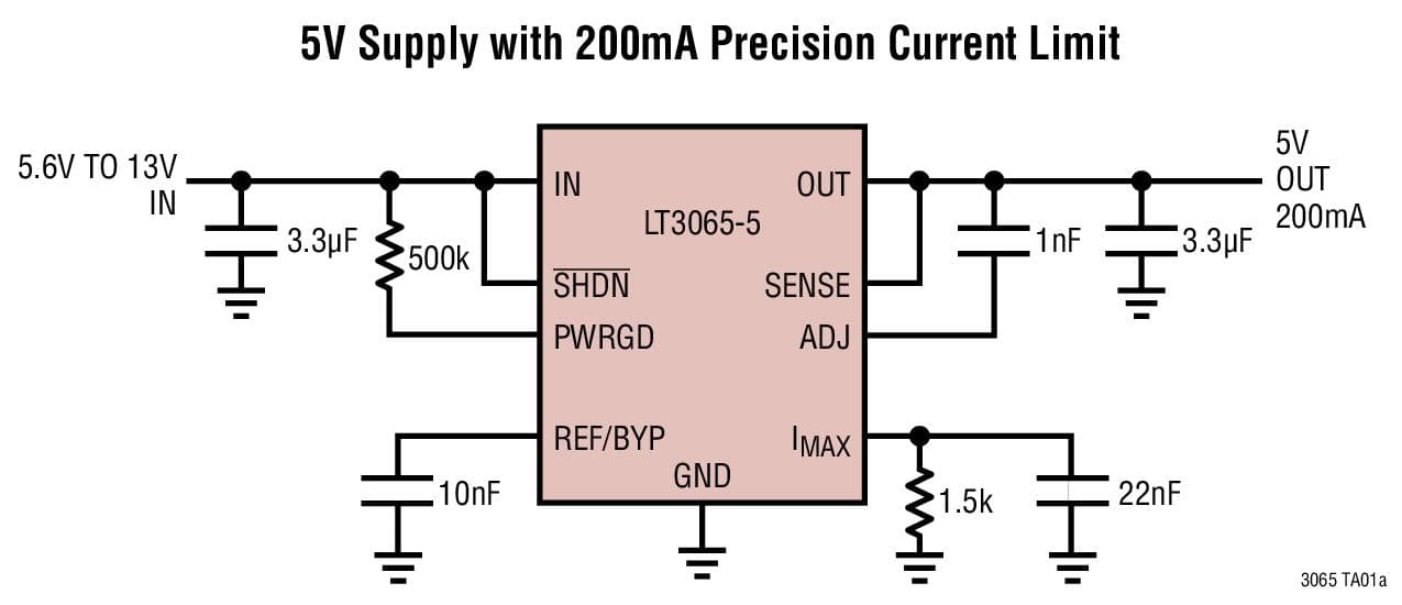 Typical Application for LT3065 Series - 45V VIN, 500mA Low Noise, Linear Regulator with Programmable Current Limit and Power Good