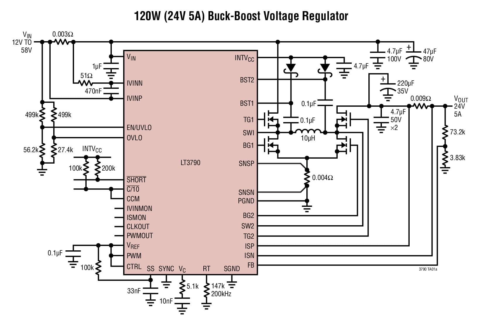 Typical Application for LT3790 - 60V Synchronous 4-Switch Buck-Boost Controller