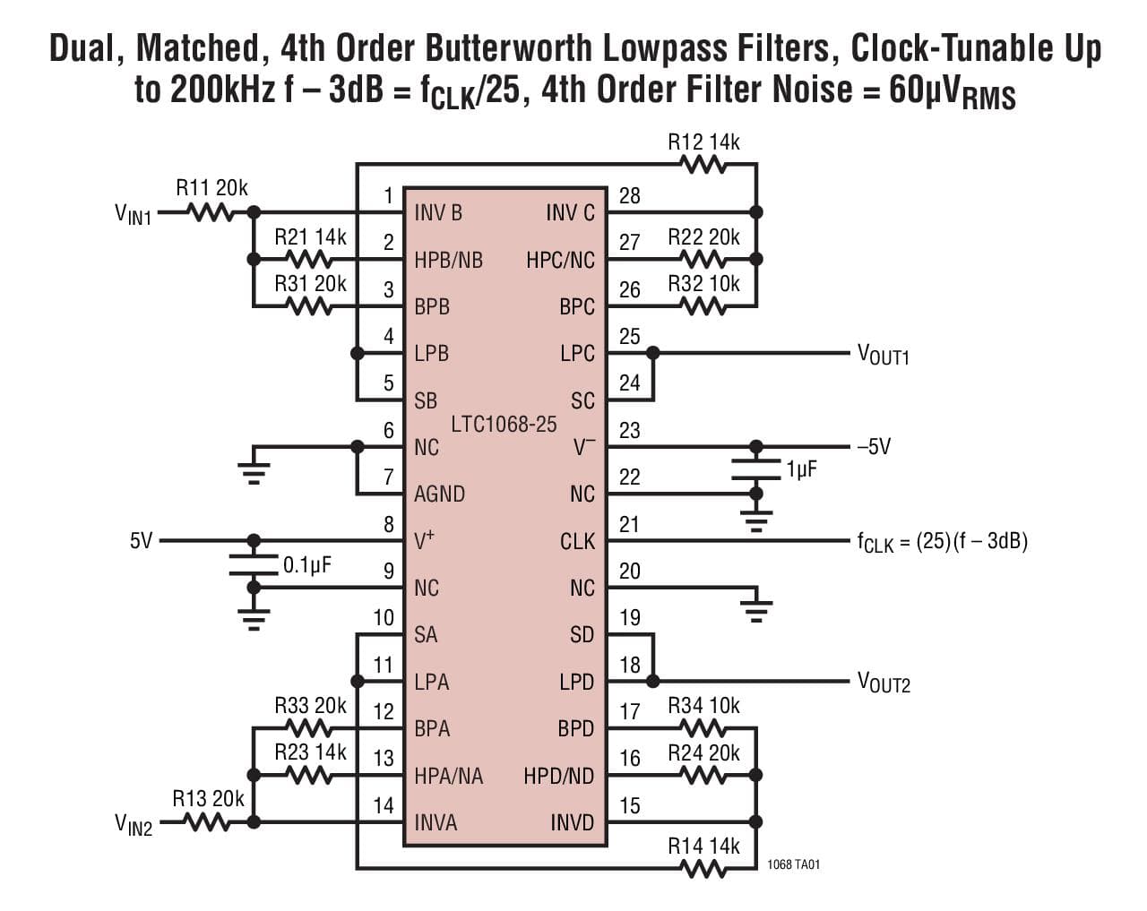 Typical Application for LTC1068 Clock-Tunable, Quad Second Order, Filter Building Blocks