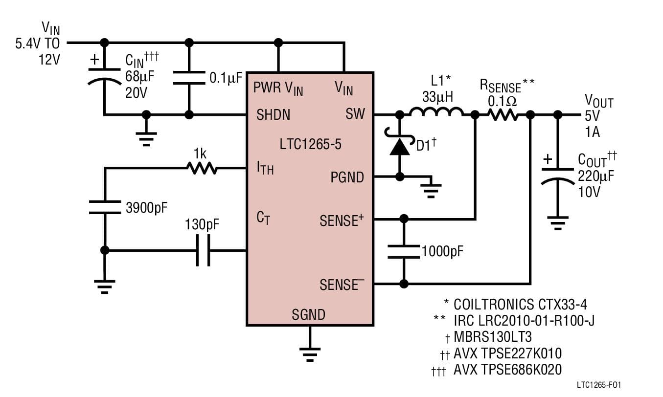 Typical Application for LTC1265 - 1.2A, High Efficiency Step-Down DC/DC Converter