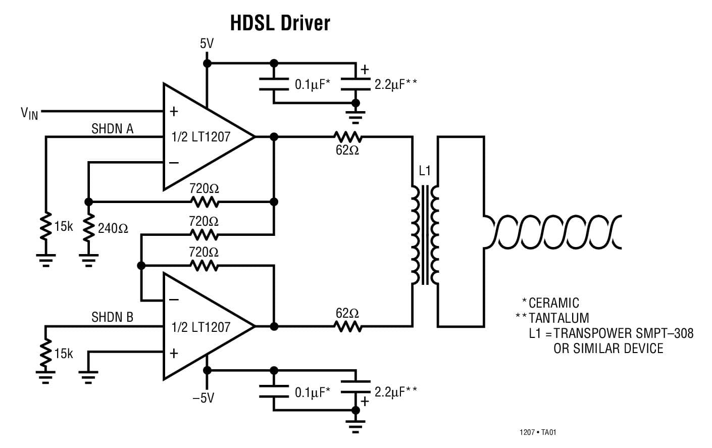 Typical Application for LT1207 - Dual 250mA/60MHz Current Feedback Amplifier