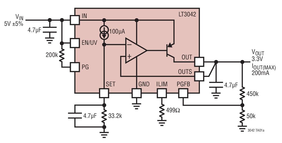 Typical Application for LT3042 - 20V, 200mA, Ultra Low Noise, Ultrahigh PSRR RF Linear Regulator