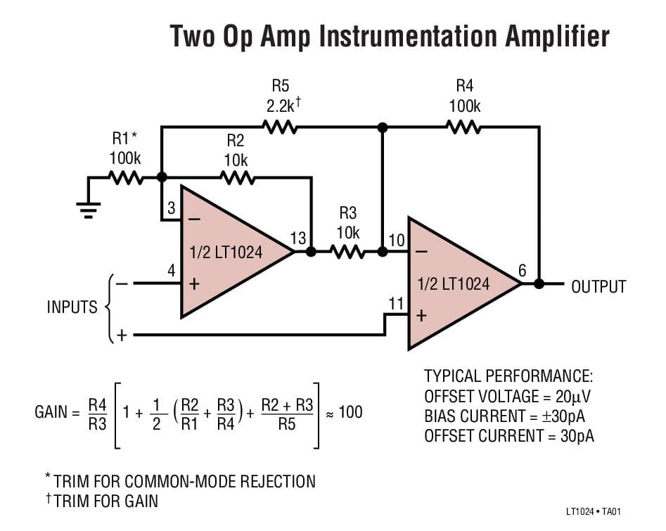 Typical Application for LT1024 - Dual, Matched Pico-ampere, Microvolt Input, Low Noise Op-Amp