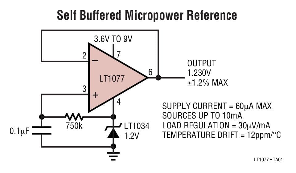 Typical Application for LT1077 - Micro-power, Single Supply, Precision Op-Amp