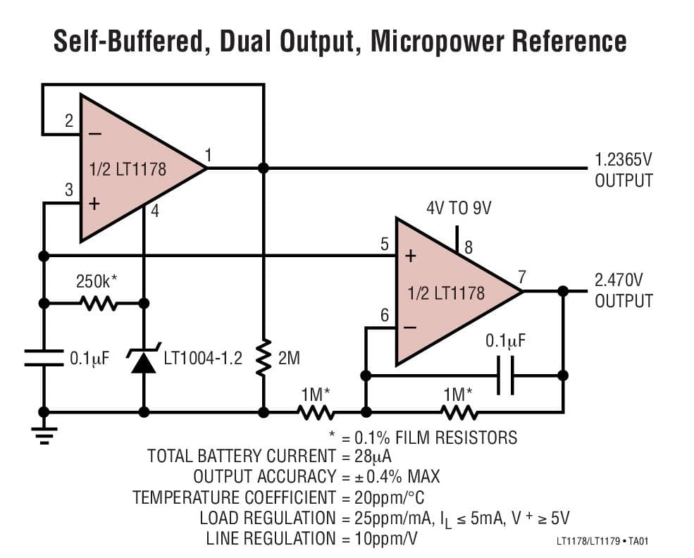 Typical Application for LT1178 - 17 uAMax, Dual, Single Supply, Precision Op-Amps