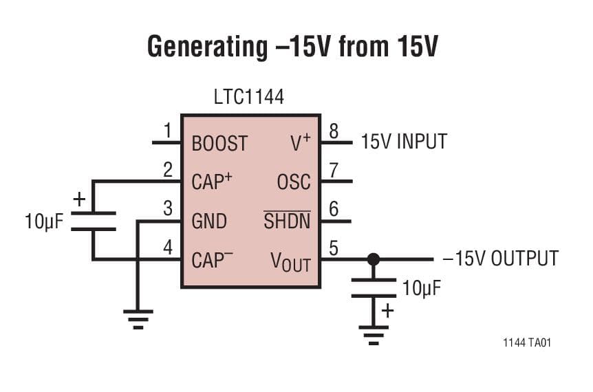 Typical Application for LTC1144 - Switched-Capacitor Wide Input Range Voltage Converter with shut-down