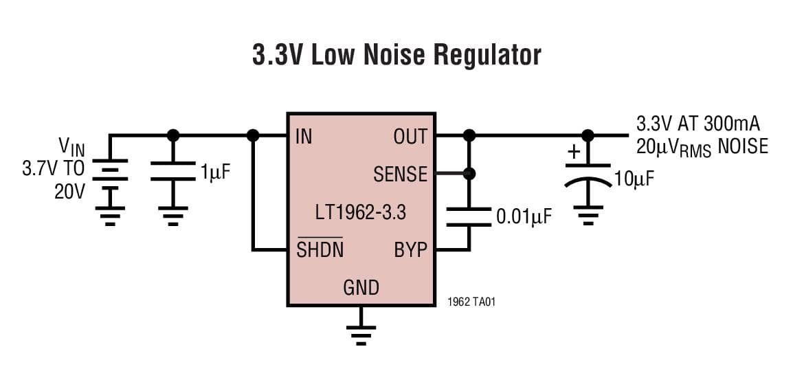 Typical Application for LT1962 - 300mA, Low Noise, Micro-power LDO Regulators