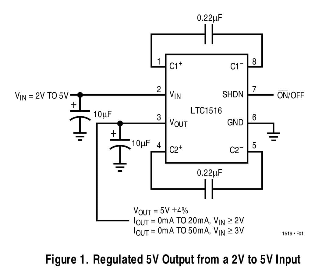 Typical Application for LTC1516 - Micro-power, Regulated 5V Charge Pump DC/DC Converter