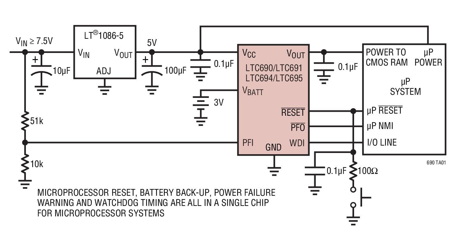 Typical Application for LTC694 - Microprocessor Supervisory Circuits