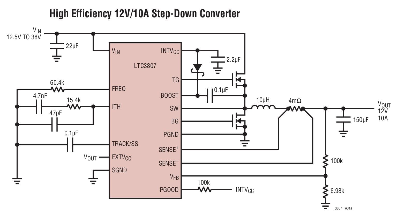 Typical Application for LTC3807 - Low IQ, Synchronous Step-Down Controller with 24V Output Voltage Capability