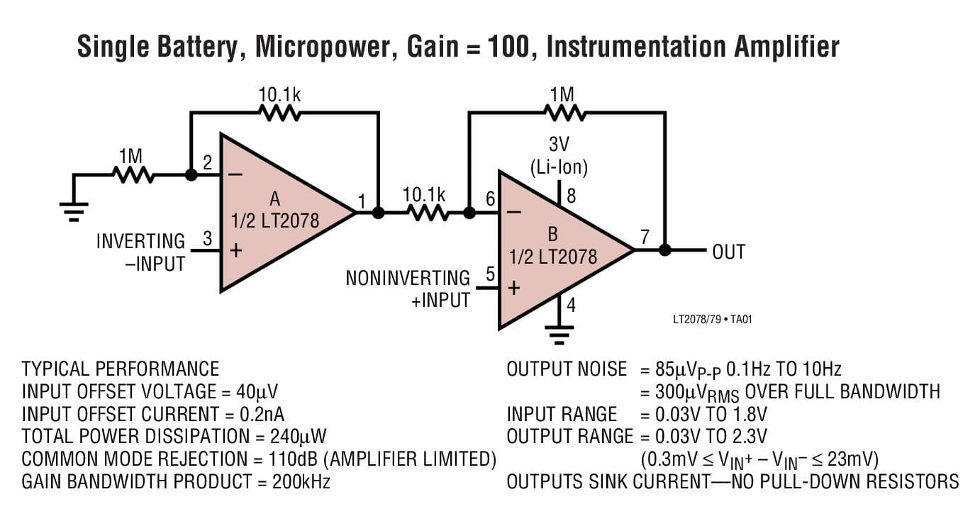 Typical Application for LT2078 - Micro-power, Dual and Quad, Single Supply, Precision Op-Amps